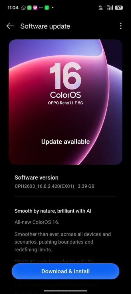 Oppo Reno 11F 5G ColorOS 16 Update