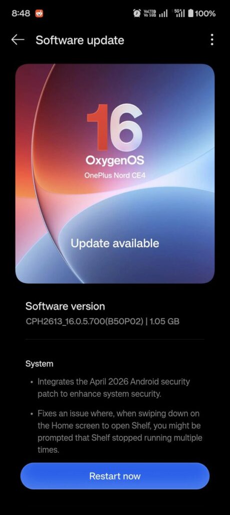 OnePlus Nord CE4 OxygenOS 16.0.5.701 Update