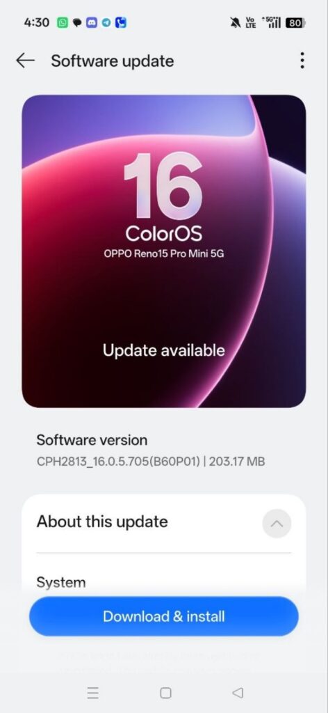 OPPO Reno15 Pro Mini ColorOS 16 Update